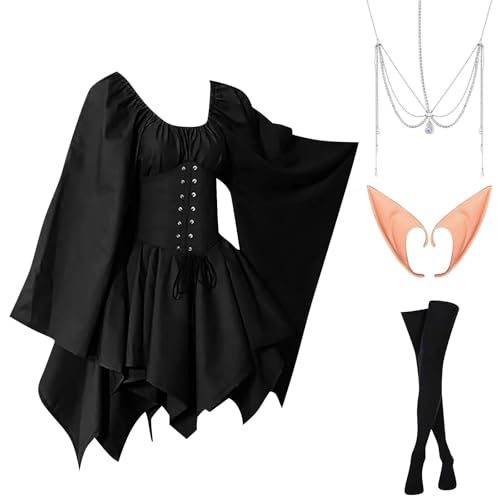 AHAKLO Halloween Kostüm Damen Fledermausärmel Gothic Kleid Vintage Mittelalter Kleidung Renaissance Dress Karneval Partykleid Viktorianisches Kleid Rave Outfit (Kopfschmuck, Elfenohren, Socken) von AHAKLO
