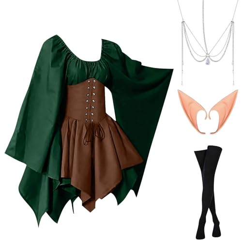 AHAKLO Halloween Kostüm Damen Fledermausärmel Gothic Kleid Vintage Mittelalter Kleidung Renaissance Dress Karneval Partykleid Viktorianisches Kleid Rave Outfit (Kopfschmuck, Elfenohren, Socken) von AHAKLO