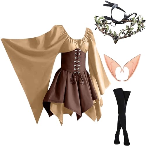 AHAKLO Halloween Kostüm Damen Fledermausärmel Gothic Kleid Vintage Mittelalter Kleidung Renaissance Dress Karneval Partykleid Viktorianisches Kleid Rave Outfit (Kopfschmuck, Elfenohren, Socken) von AHAKLO