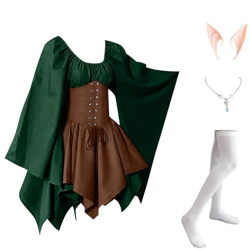 AHAKLO Halloween Kostüm Damen Fledermausärmel Gothic Kleid Vintage Mittelalter Kleidung Renaissance Dress Karneval Partykleid Viktorianisches Kleid Rave Outfit (Kopfschmuck, Elfenohren, Socken) von AHAKLO