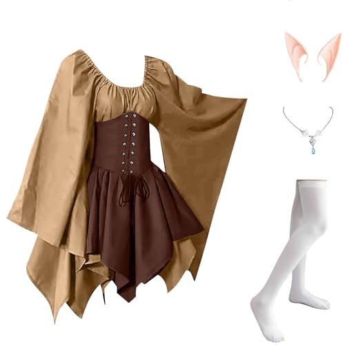 AHAKLO Halloween Kostüm Damen Fledermausärmel Gothic Kleid Vintage Mittelalter Kleidung Renaissance Dress Karneval Partykleid Viktorianisches Kleid Rave Outfit (Kopfschmuck, Elfenohren, Socken) von AHAKLO