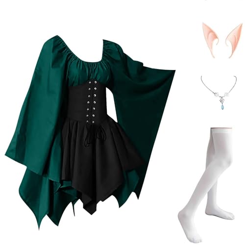 AHAKLO Halloween Kostüm Damen Fledermausärmel Gothic Kleid Vintage Mittelalter Kleidung Renaissance Dress Karneval Partykleid Viktorianisches Kleid Rave Outfit (Kopfschmuck, Elfenohren, Socken) von AHAKLO
