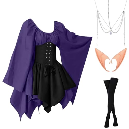 AHAKLO Halloween Kostüm Damen Fledermausärmel Gothic Kleid Vintage Mittelalter Kleidung Renaissance Dress Karneval Partykleid Viktorianisches Kleid Rave Outfit (Kopfschmuck, Elfenohren, Socken) von AHAKLO