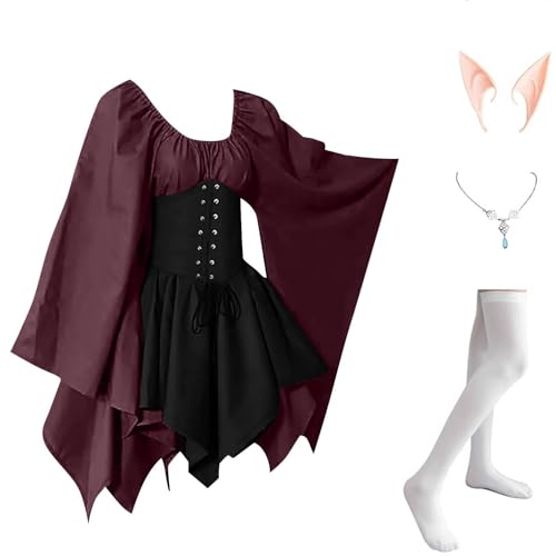 AHAKLO Halloween Kostüm Damen Fledermausärmel Gothic Kleid Vintage Mittelalter Kleidung Renaissance Dress Karneval Partykleid Viktorianisches Kleid Rave Outfit (Kopfschmuck, Elfenohren, Socken) von AHAKLO