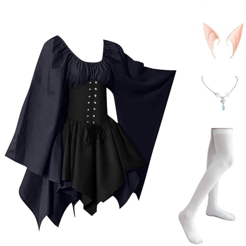 AHAKLO Halloween Kostüm Damen Fledermausärmel Gothic Kleid Vintage Mittelalter Kleidung Renaissance Dress Karneval Partykleid Viktorianisches Kleid Rave Outfit (Kopfschmuck, Elfenohren, Socken) von AHAKLO