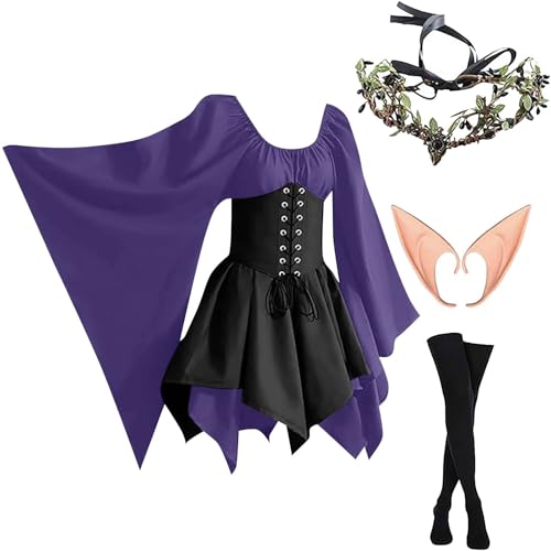 AHAKLO Halloween Kostüm Damen Fledermausärmel Gothic Kleid Vintage Mittelalter Kleidung Renaissance Dress Karneval Partykleid Viktorianisches Kleid Rave Outfit (Kopfschmuck, Elfenohren, Socken) von AHAKLO