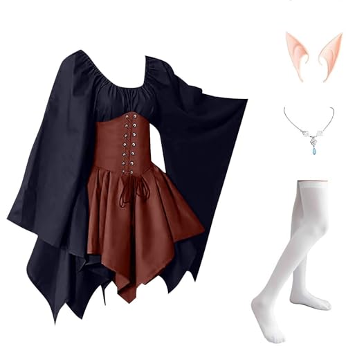 AHAKLO Halloween Kostüm Damen Fledermausärmel Gothic Kleid Vintage Mittelalter Kleidung Renaissance Dress Karneval Partykleid Viktorianisches Kleid Rave Outfit (Kopfschmuck, Elfenohren, Socken) von AHAKLO