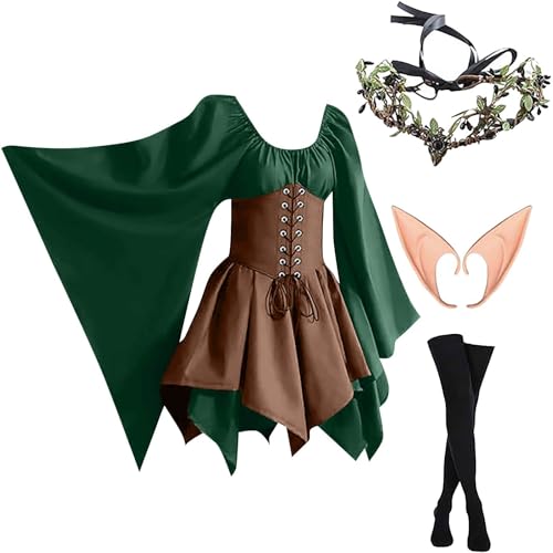 AHAKLO Halloween Kostüm Damen Fledermausärmel Gothic Kleid Vintage Mittelalter Kleidung Renaissance Dress Karneval Partykleid Viktorianisches Kleid Rave Outfit (Kopfschmuck, Elfenohren, Socken) von AHAKLO