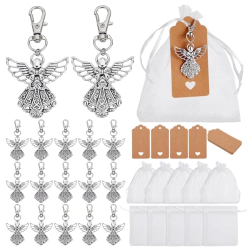 AHANDMAKER 24 Sets Engel-Schlüsselanhänger, Engel und Fee, tibetischer Stil, Legierung, Anhänger mit Dankeschön-Etiketten, Kordelzug, Organza-Geschenkbeutel für Geburtstag, Brautparty, Hochzeit, Party von AHANDMAKER