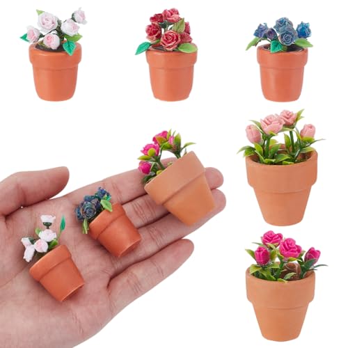 AHANDMAKER 5Pcs 5 Stile Miniatur Pflanzen Zubehör 1:12 Mini Rose Topf Garten Topf Modell Micro Landschaft Dekoration Für Mini Haus Ornament Handwerk von AHANDMAKER
