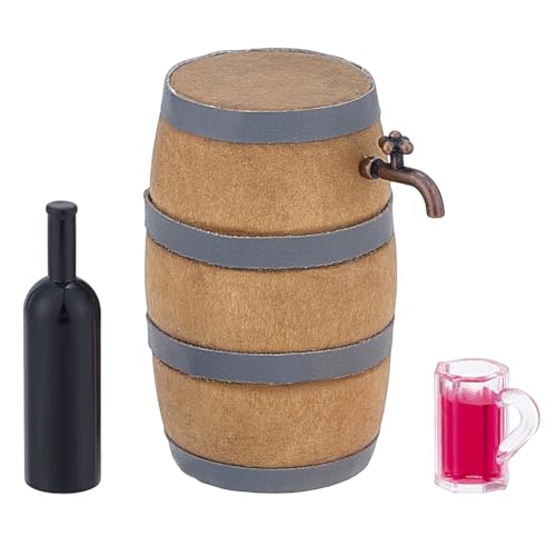 AHANDMAKER Mini Hausgetränkezubehör Miniatur Weinfass Set Aus Holz Mit Flaschenbecher Und Wasserhahn Winzige Figur Für Rollenspiele Mikro Landschaftsdekorationen von AHANDMAKER