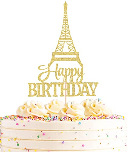 AHAORAY Eiffel Rower Geburtstagstortenaufsatz – Gold Glitzer Eiffel Rower Thema Geburtstag Party Kuchen Dekoration Zubehör – Junge oder Mädchen Architektur Thema Happy Birthday Party Kuchen Dekor Foto von AHAORAY