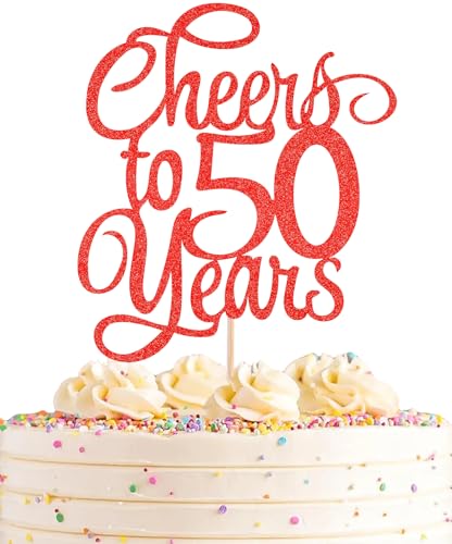 AHAORAY Tortenaufsatz "Cheers to 50 Years" – roter Glitzer, Kuchendekoration zum 50. Geburtstag, perfekt für 50. Jahrestag oder fünfzig Geburtstagsparty, Foto-Requisiten AHAORAY Tortenaufsatz "Cheers to 50 Years" – roter Glitzer, Kuchendekoration zum 50. Geburtstag, perfekt für 50. Jahrestag oder fünfzig Geburtstagsparty, Foto-Requisiten von AHAORAY