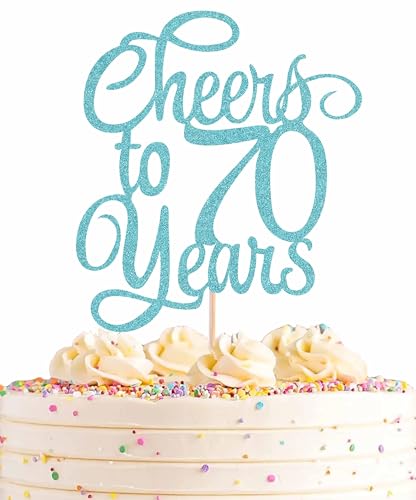 AHAORAY Tortenaufsatz "Cheers to 70 Years" – Himmelblauer Glitzer, Kuchendekoration zum 70. Geburtstag, perfekt für 70. Jahrestag oder 70. Geburtstag, Foto-Requisiten von AHAORAY