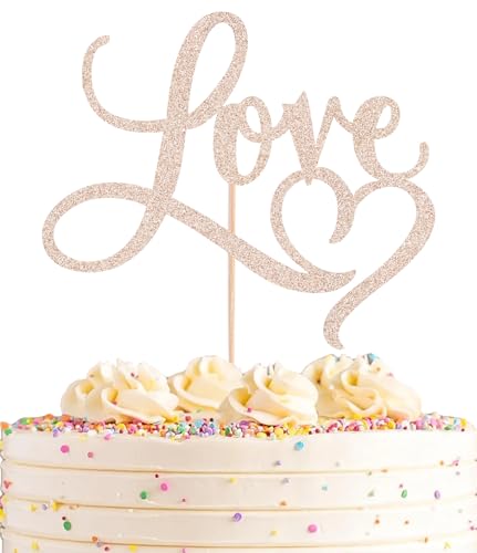AHAORAY Tortenaufsatz mit Aufschrift "Love", rotgoldenes Glitzerpapier, Hochzeitstortendekoration, perfekt für Brautparty, Verlobung, Jahrestag, Geburtstagsparty von AHAORAY