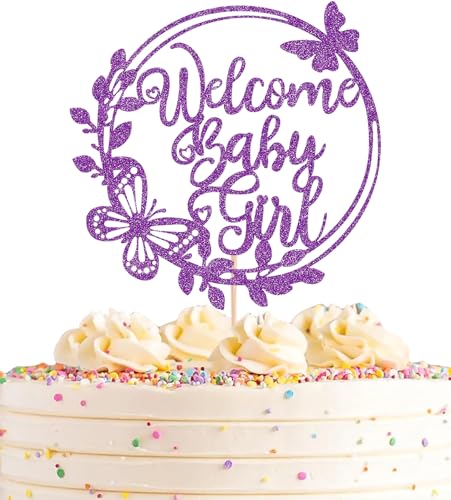 AHAORAY Welcome Baby Girl Cake Topper - Deep Purple Glitter Baby Shower Cake Decorations, Baby Girl Cake Decor, for Baby Shower/Birthday Party/Gender Reveal Party Photo Booth Props von AHAORAY