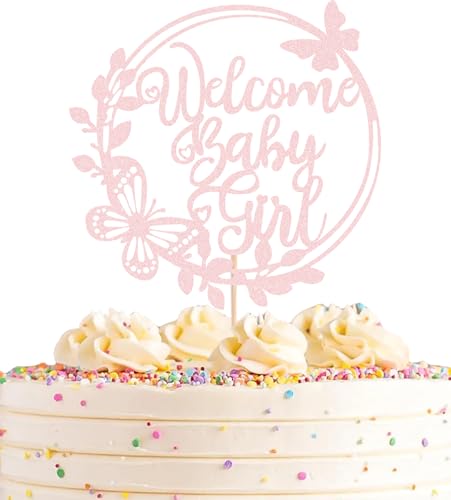 AHAORAY Welcome Baby Girl Cake Topper - Hellrosa Glitzer Baby Shower Kuchen Dekorationen Baby Mädchen Kuchen Dekor für Babyparty/Geburtstagsparty/Gender Reveal Party Photo Booth Requisiten von AHAORAY