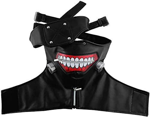 3D-Maske Tokyo Ghoul Cosplay-Maske, Halloween-Kostüm, PU-Leder, Ken Kaneki Maske, verstellbar, schreckliche Maske mit Reißverschluss, mit abnehmbarer Augenklappe, Halbmaske mit Perücke für Erwachsene von AHDMR