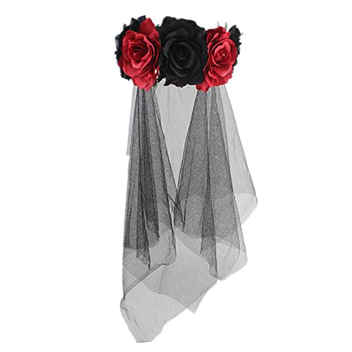Damen Haarreif Blumenkranz Rosa mit Schleier Halloween Stirnband Tag der Toten Mexiko Brautschmuck Geist Gothic Blumengirlande Vintage Zubehör Halloween Verkleidung Hochzeit von AHDMR