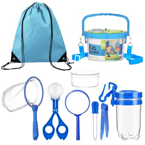 AHEJIOO 9 Stück lupenglas für Kinder Outdoor Spielzeug Set, mit Insektenfänger, Becherlupe, Mikroskop, Pinzette, Kordelzugbeutel becherlupen für Kinder, für Junge und Mädchen von AHEJIOO