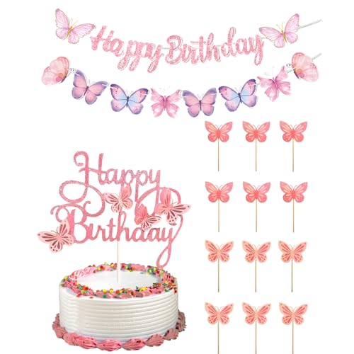 Tortendeko, Tortendeko Mädchen, Schmetterling Deko Geburtstag, Schmetterling Geburtstagsdeko Set Mit 2 Fahnen Und 13 Tischkarten, Perfekt Für Geburtstagsfeiern Und Thementpartys Tortendeko, Tortendeko Mädchen, Schmetterling Deko Geburtstag, Schmetterling Geburtstagsdeko Set Mit 2 Fahnen Und 13 Tischkarten, Perfekt Für Geburtstagsfeiern Und Thementpartys von AHEJIOO
