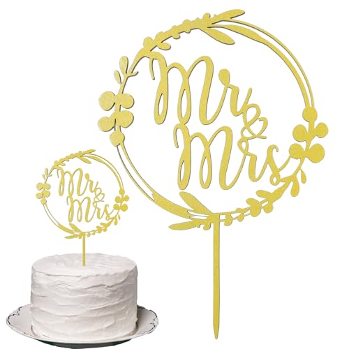 AHQiZFX Cake Topper Mr Mrs Holz, Tortendeko Hochzeit, Tortenstecker Mr & Mrs, Liebe Hochzeitstorte Deko, Kuchen Deko für Jubiläum Verlobung Antrag - Gold von AHQiZFX