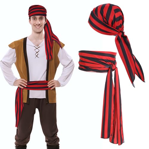AHQiZFX Halloween-Piratenkostüm-Zubehör, mittelalterliches Kostüm, Bandana, Kopftuch, Schärpe, Gürtel für Männer und Frauen, Renaissance-Cosplay, Piraten-Partyzubehör (schwarz-rote Streifen-Design) AHQiZFX Halloween-Piratenkostüm-Zubehör, mittelalterliches Kostüm, Bandana, Kopftuch, Schärpe, Gürtel für Männer und Frauen, Renaissance-Cosplay, Piraten-Partyzubehör (schwarz-rote Streifen-Design) von AHQiZFX