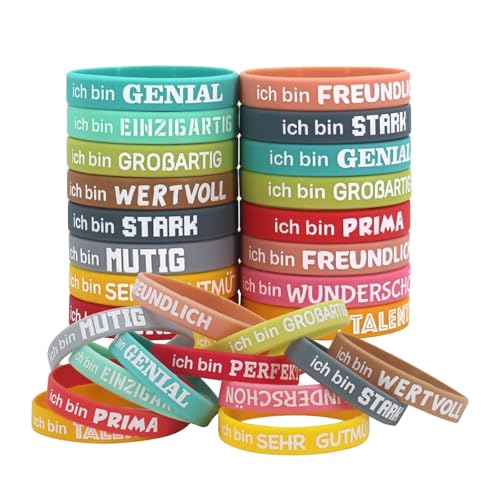 AIBAOBAO 24 Stück Motivationsarmbänder Kinder auf Deutsch,20.2 cm Silikonarmband Inspirierende mit Positiven Sprüchen Mutmacher Geschenke Party Mitgebsel, Abschiedsgeschenk Schüler Grundschule von AIBAOBAO