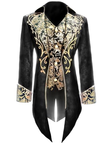 AIBEIX Herren Steampunk-Mittelalterjacke, Gothic, viktorianischer Gehrock, Uniform, goldfarbener Rand, Schwarz, Größe S von AIBEIX
