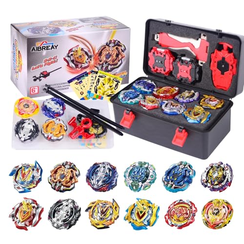 AIBREAY Burst Kreisel Battle Set, 12 Kampfkreisel 2 Launchers 1 Schnur Starter mit Griff, Spinning Top Box, Battle Burst mit Kreisel Kinder, ab 6 Jahren, Spielzeug Jungen von AIBREAY
