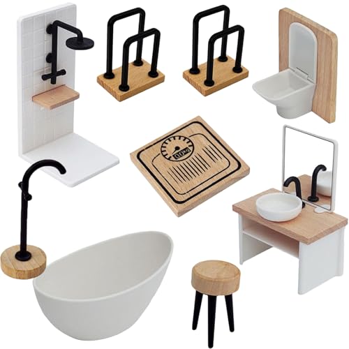 puppenhaus zubehör- Miniatur möbel, Badezimmer Set für Puppenhaus im Maßstab 1:12 mit Spiegel und Waschbecken, Spielzeug für Jungen, Mädchen und Kleinkinder ab 3 Jahren 9-teiliges Set (9 PCS) von AIDODIA