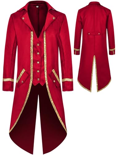 AIEOE Gothic Frack Herren Steampunk Jacke Smoking mit Gold Pailletten Vampir Mantel Viktorianisches Gehrock Rot Größe XXL AIEOE Gothic Frack Herren Steampunk Jacke Smoking mit Gold Pailletten Vampir Mantel Viktorianisches Gehrock Rot Größe XXL von AIEOE