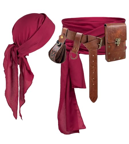 AIEOE Halloween Fasching Kostüm Piraten Accessoires Set mit Bandana Gürtel Mittelalterliches Cosplay Zubehör Rot mit Beutel AIEOE Halloween Fasching Kostüm Piraten Accessoires Set mit Bandana Gürtel Mittelalterliches Cosplay Zubehör Rot mit Beutel von AIEOE