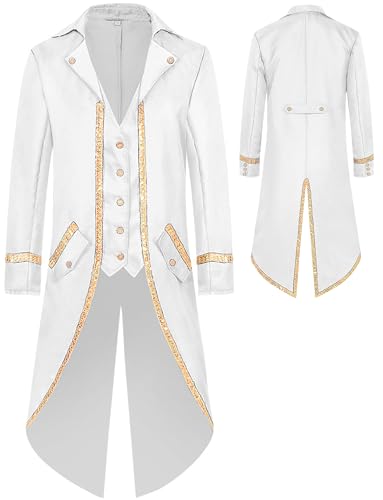 AIEOE Herren Mittelalter Kostüm Tailcoat Steampunk Frack Gliter Mantel Fasching Cosplay Party Fastnacht Weiß Größe XXL AIEOE Herren Mittelalter Kostüm Tailcoat Steampunk Frack Gliter Mantel Fasching Cosplay Party Fastnacht Weiß Größe XXL von AIEOE