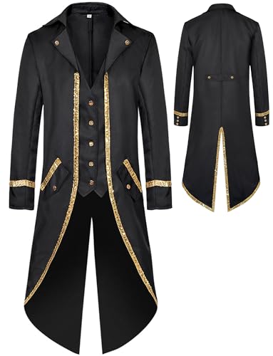 AIEOE Herren Vintage Frackjacke Langarm Mittelalter Kleidung mit Taschen Gothic Gehrock Mantel L von AIEOE