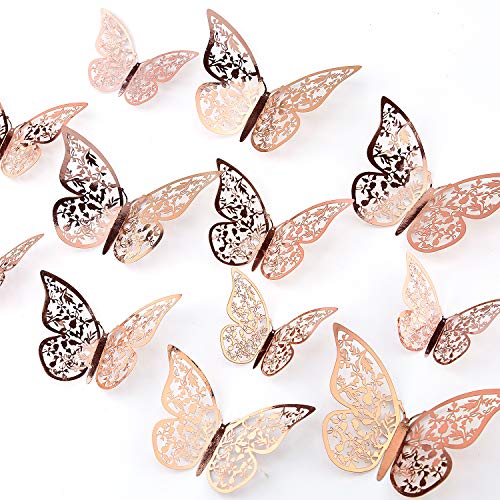 AIEX 24 Stück Aufkleber Schmetterlinge 3D 3 Größen Wanddeko Schlafzimmer Dekoration für Zimmer Party Hochzeit (Roségold) von AIEX