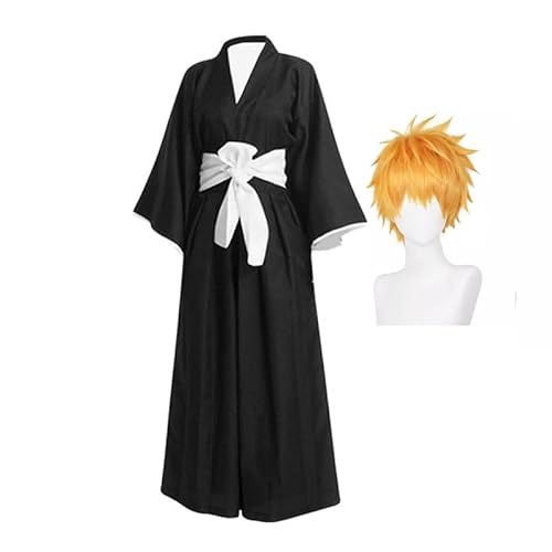 AIGOUT Anime Kurosaki Ichigo Cosplay Kostüm Anime Kimono Kostüme Komplettes Set Halloween Party Kostüme für Jungen und Herren (Kurosaki Ichigo mit Perücke, XXL) von AIGOUT
