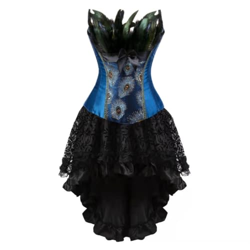 AIGOUT Besticktes Korsett mit Pfauenfeder und asymmetrischem Rock-Ensemble – Steampunk-Gothic-Korsett-Kleid für Damen, Halloween-Kostüm (Blau, Größe 7XL) von AIGOUT