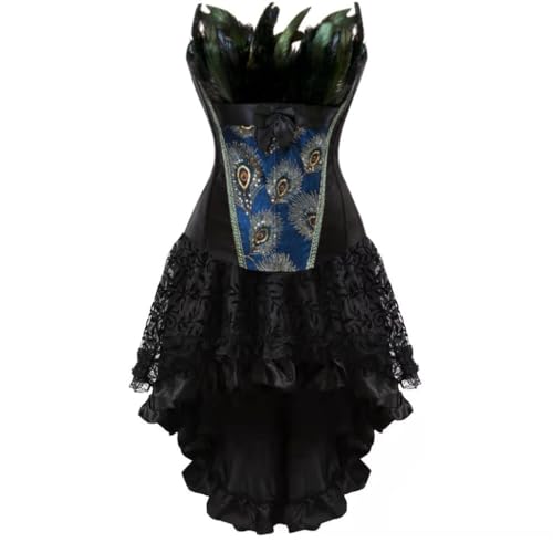 AIGOUT Besticktes Korsett mit Pfauenfeder und asymmetrischem Rock-Ensemble – Steampunk-Gothic-Korsett-Kleid für Damen, Halloween-Kostüm (Schwarz, Größe 6XL) von AIGOUT