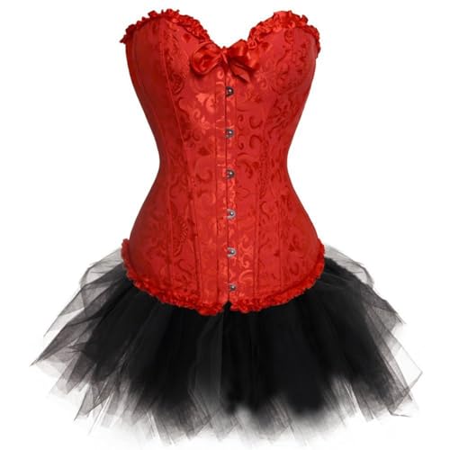 AIGOUT Besticktes Vintage-Korsett aus Brokat-Jacquard mit Tutu – Drapierrand, Fischgrätenmuster, Gothic-Korsett, Kleid für Damen, Tanzkleidung (Rot, XXL) von AIGOUT