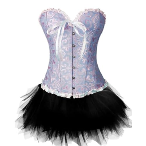 AIGOUT Besticktes Vintage-Korsett aus Brokat-Jacquard mit Tutu – Drapierrand, Fischgrätenmuster, Gothic-Korsettkleid, Anzug für Damen, Tanzkleidung (Blau, L) von AIGOUT