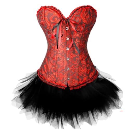 AIGOUT Besticktes Vintage-Korsett aus Brokat-Jacquard mit Tutu – Drapierrand, Fischgrätenmuster, Gothic-Korsettkleid, Anzug für Damen, Tanzkleidung (Dunkelrot, Größe 4XL) von AIGOUT