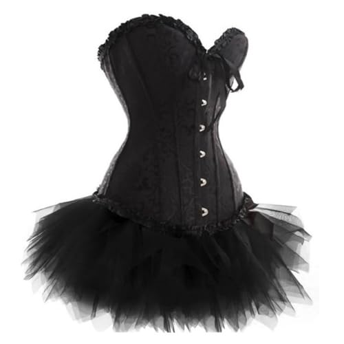 AIGOUT Besticktes Vintage-Korsett aus Brokat-Jacquard mit Tutu – Drapierrand, Fischgrätenmuster, Gothic-Korsettkleid, Anzug für Damen, Tanzkleidung (Schwarz, S) von AIGOUT