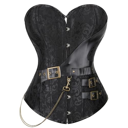 AIGOUT Braunes Leder-Korsett mit Fischgrätenmuster, Vintage-Stil, Brokat, Steampunk, Schnürung, Shapewear, Bustier, Übergröße (Schwarz, XL) von AIGOUT