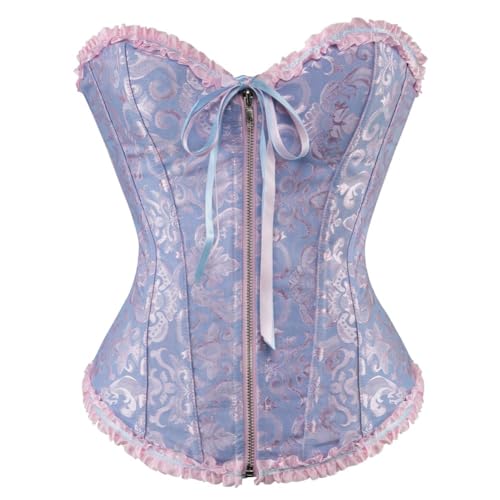 AIGOUT Brokat-Korsett im Court-Stil für Damen, Front-Reißverschluss, Fischgrätenmuster, trägerlos, Hochzeitskorsett, Taillenmieder, Schnürung, Shapewear (Blau, XL) von AIGOUT