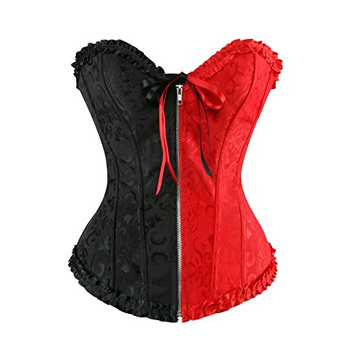 AIGOUT Brokat-Korsett im Court-Stil für Damen, Front-Reißverschluss, Fischgrätenmuster, trägerlos, Hochzeitskorsett, Taillenmieder, Schnürung, Shapewear (Rot / Schwarz, XS) von AIGOUT