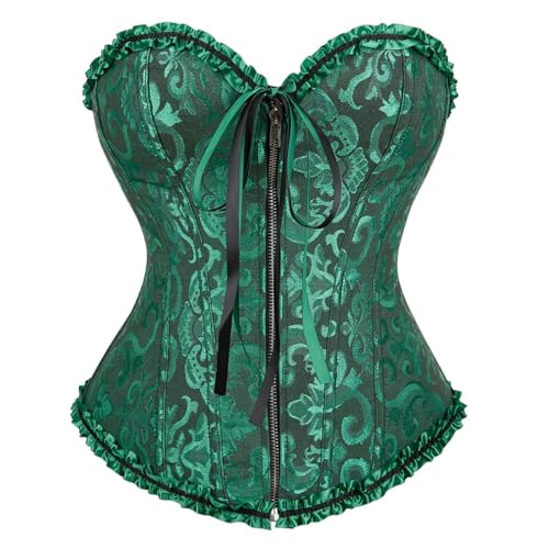 AIGOUT Brokat-Korsett im Court-Stil für Damen, Front-Reißverschluss, Fischgrätenmuster, trägerlos, Hochzeitskorsett, Taillenmieder, Schnürung, Shapewear (Schwarz-Grün, 7XL) von AIGOUT