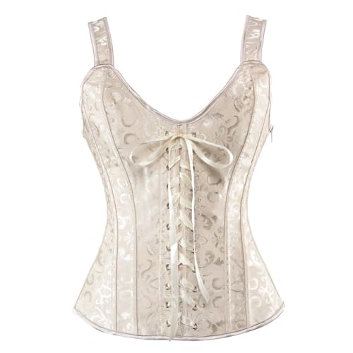 AIGOUT Damen Gothic Jacquard Bustier mit Fischgrätenriemen Schnürung Shapewear Korsett Vintage Court-Stil Satin Korsett Taille Cinching Weste für Cosplay Hochzeit (Beige, 6XL) von AIGOUT