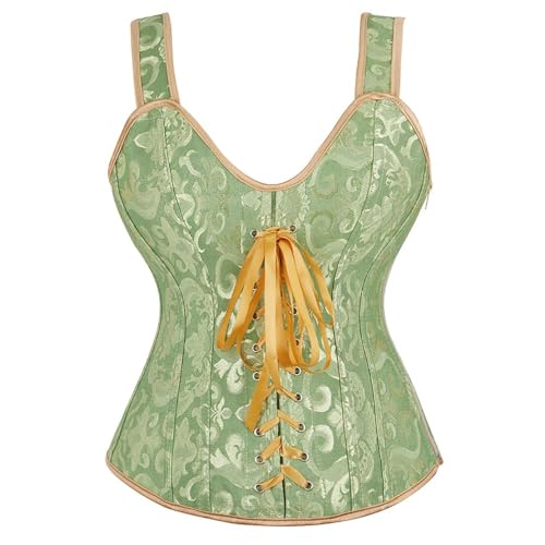 AIGOUT Damen Gothic Jacquard Bustier mit Fischgrätenriemen Schnürung Shapewear Korsett Vintage Court-Stil Satin Korsett Taille Cinching Weste für Cosplay Hochzeit (Grün, 3XL) von AIGOUT