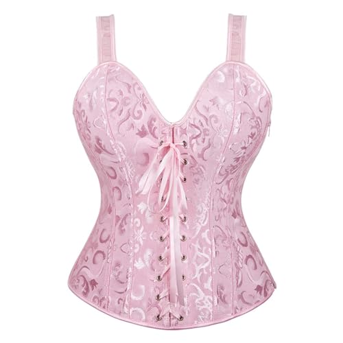 AIGOUT Damen Gothic Jacquard Bustier mit Fischgrätenriemen Schnürung Shapewear Korsett Vintage Court-Stil Satin Korsett Taille Cinching Weste für Cosplay Hochzeit (Rosa, XXL) von AIGOUT